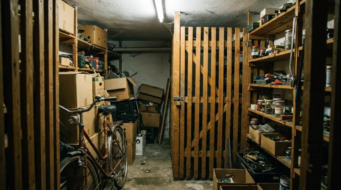 Packed cellar compartment with boxes, shelves and old appliances