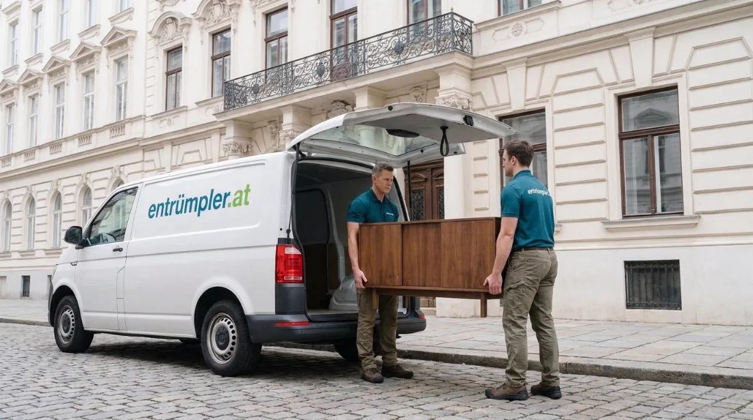 Van collecting furniture in front of an apartment building