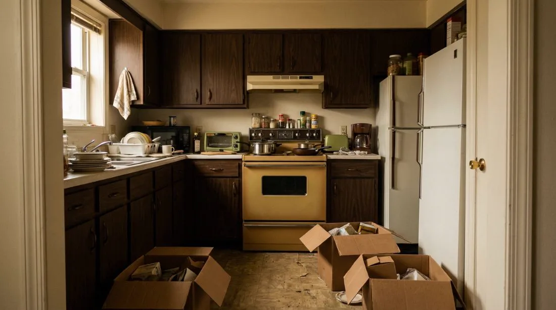 Heavily cluttered kitchen before the clearance